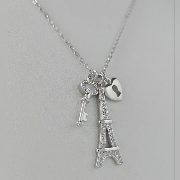 Paris Eiffel Tower Love Lock and Key Necklace, 925 Sterling Silver - Picture 3 of 9